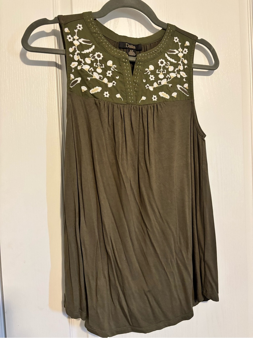 Dalia Olive Green Sleeveless Embroidered Yoke Camisole